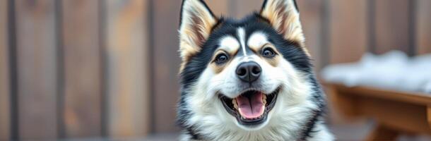 Happy black and white dog with a big smile posing outdoors in a wooden setting during a sunny day photo