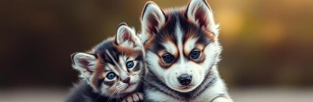 Cute puppy and kitten cuddling together outdoors in warm sunlight during a tranquil afternoon photo
