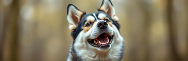 Happy dog enjoying a day outdoors in a serene forest setting during early afternoon photo