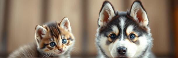 Cute kitten and puppy sit together in cozy indoor setting with warm lighting and soft textures during afternoon photo