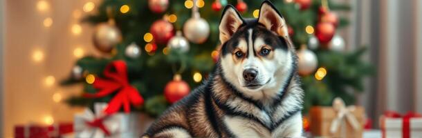 Festive husky dog relaxing near a beautifully decorated Christmas tree with gifts and twinkling lights photo