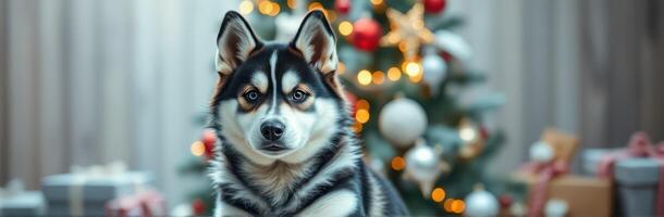 Beautiful dog sitting in front of a decorated Christmas tree with gifts during the holiday season photo