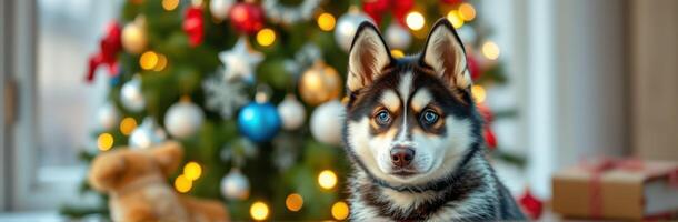 Cute husky puppy sitting in front of a beautifully decorated Christmas tree with colorful ornaments and soft lighting photo