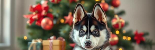 Husky puppy sitting in front of a decorated Christmas tree with gifts underneath during the holiday season photo