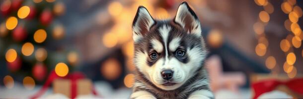 Cute husky puppy posing in front of a festive Christmas background with warm lights and holiday decorations photo
