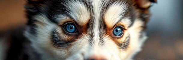 Captivating close-up of a curious puppy with striking blue eyes indoors in soft natural light photo