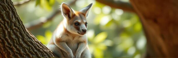 Young kangaroo sitting on tree branch in a lush green environment during daylight photo