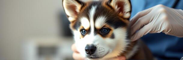 Cute puppy receiving care at veterinary clinic with attentive staff during routine check-up photo