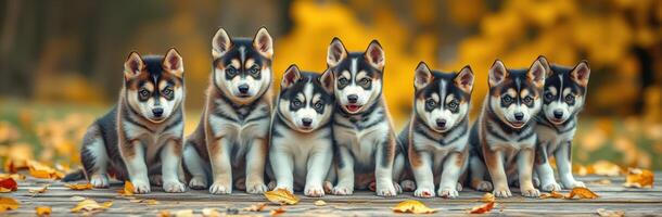 Eight playful husky puppies lined up on a wooden surface surrounded by autumn leaves in a park during sunny weather photo