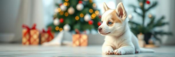 Cute puppy lying on the floor near the decorated Christmas tree with colorful lights and gifts around photo