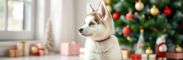 Cute puppy sitting near a decorated Christmas tree with colorful ornaments and gifts in a cozy home setting photo