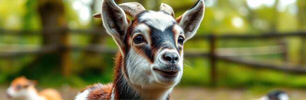 Goat standing in a lush green field during a sunny day with blurred animals in the background photo