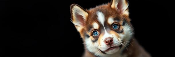 Cute puppy with striking blue eyes against a dark background captures attention and showcases its playful personality photo