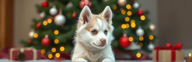Cute puppy poses near decorated Christmas tree with gifts in warm holiday setting photo