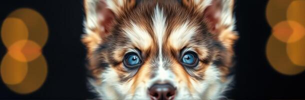 Cute puppy with blue eyes and soft fur against a dark background with blurred lights during an indoor setting photo
