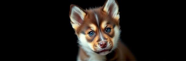 Cute puppy with striking blue eyes and unique markings looking curiously at the viewer against a dark background photo