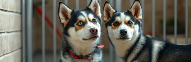 Two husky puppies looking curiously in front of a gate in a pet shelter during a sunny afternoon photo