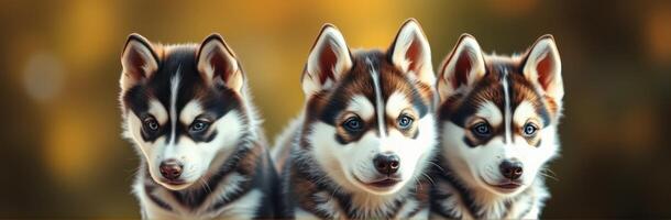 Three adorable husky puppies posing together in a park during golden hour photo