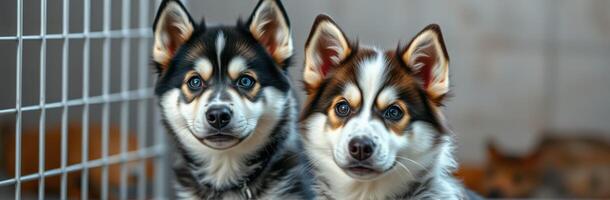 Cute puppies pose together in a cozy indoor space during a sunny afternoon photo