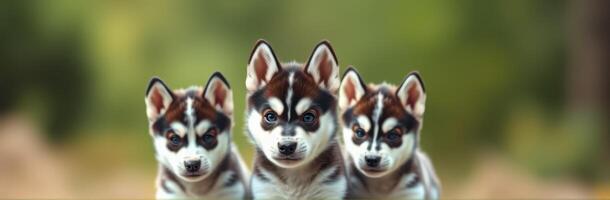 Three playful husky puppies sitting close together in a natural outdoor environment photo