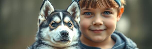 Young child smiles while holding a husky puppy in a natural outdoor setting during daylight photo