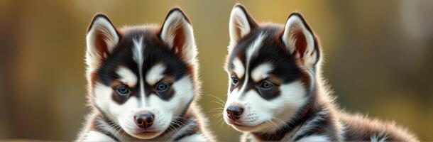 Two adorable husky puppies playing together in a natural outdoor setting during golden hour photo