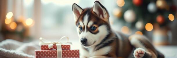 Curious puppy explores Christmas presents while festive decorations glow softly in the background photo
