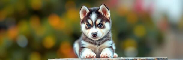 Adorable husky puppy relaxes on a wooden surface in a vibrant garden setting during a sunny day photo