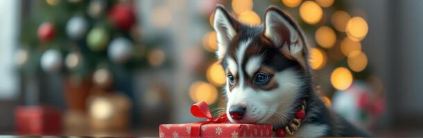 Cute puppy with a bow on a gift near a decorated Christmas tree in a cozy indoor setting during the holiday season photo
