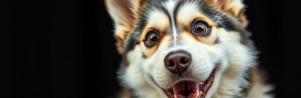 Excited dog displaying cheerful expression in a dark studio setting photo