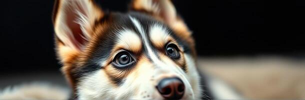 Close-up view of a playful husky puppy with bright blue eyes relaxing indoors photo