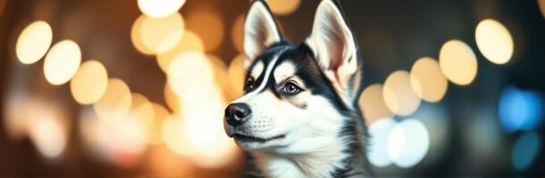 Beautiful husky poses against a vibrant bokeh background during an evening stroll in the city photo