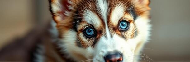 Cute husky puppy with striking blue eyes looking directly at the camera indoors during a warm afternoon photo