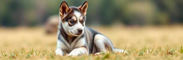 Playful husky puppy enjoying bright day in grassy field with soft textures and colorful background photo