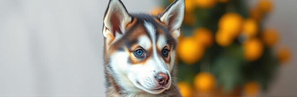 Cute husky puppy poses indoors in front of a blurred background of bright yellow flowers photo
