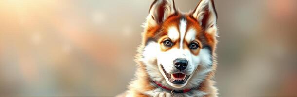 Happy dog with bright fur looking directly at the camera in a calm outdoor setting during golden hour photo