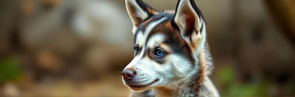 Siberian husky puppy playing in a lush garden during a sunny afternoon in springtime photo