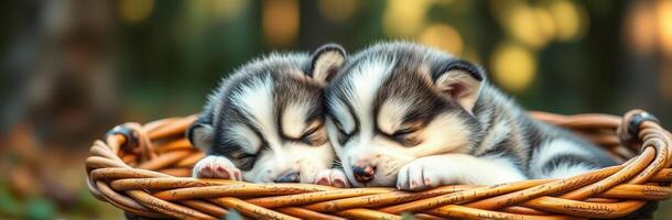Two adorable husky puppies peacefully sleeping in a wicker basket surrounded by nature during golden hour photo