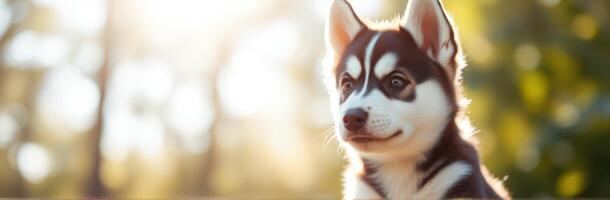 Playful husky puppy enjoying a sunny day in the park with soft, natural lighting and a blurred background photo