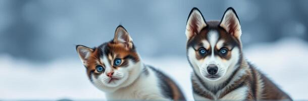 Cute kitten and husky puppy sitting together in a snowy landscape during winter photo