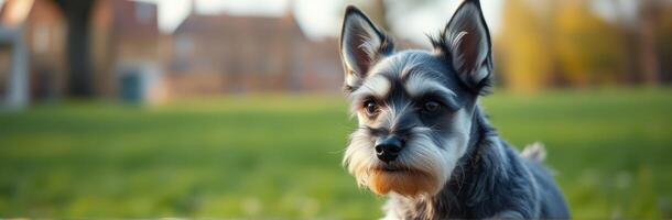 Active schnauzer exploring a sunny park during late afternoon hours with soft sunlight illuminating its fur photo