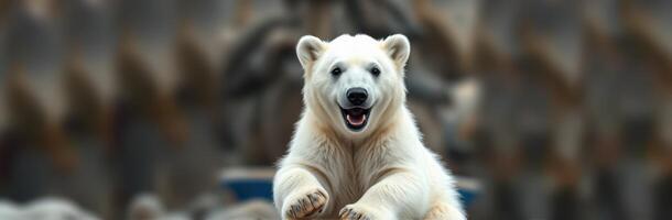 Cute polar bear joyfully jumping and playing in a snowy environment during the day photo