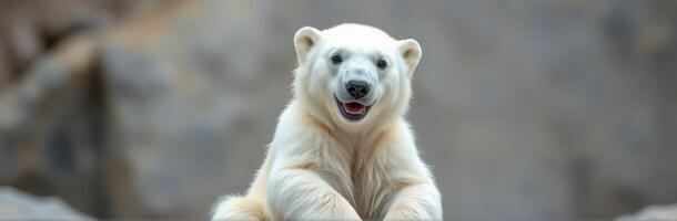 Playful polar bear resting on a rocky surface in its natural habitat during daylight hours photo