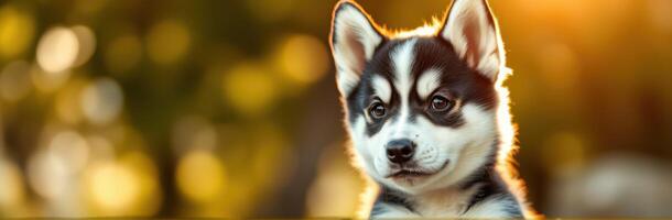 Cute husky puppy with striking eyes played in a sunny outdoor setting during the golden hour photo