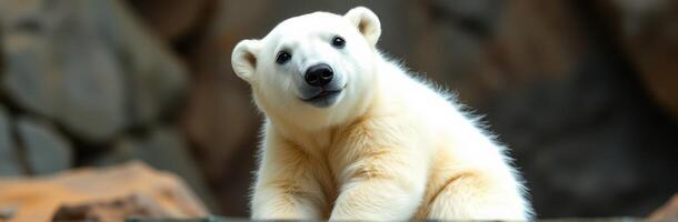 Polar bear cub explores rocky habitat and interacts with the environment in a wildlife sanctuary setting photo