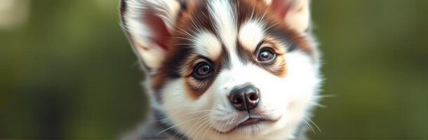 Playful and curious puppy with striking fur pattern enjoying the outdoors on a sunny day photo