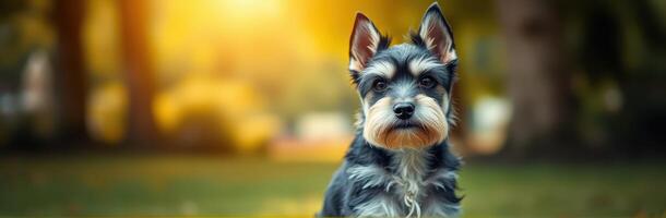Small black and silver dog sits calmly in a sunlit park during a warm afternoon photo