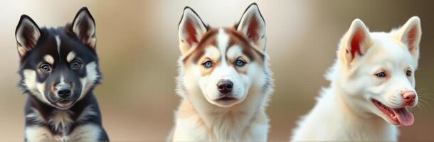 Three adorable husky puppies playfully posing together outdoors in soft natural light photo