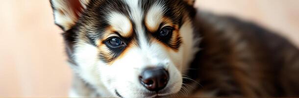 Cute puppy relaxing on a wooden surface in a cozy indoor environment during daylight photo