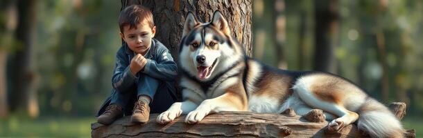 Young boy sits beside a husky dog while reflecting in a peaceful park setting during daylight hours photo